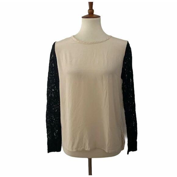 Diane Von Furstenberg Silk Crew Neck Lace Sleeves Pullover Cream Black Size P - Picture 1 of 8